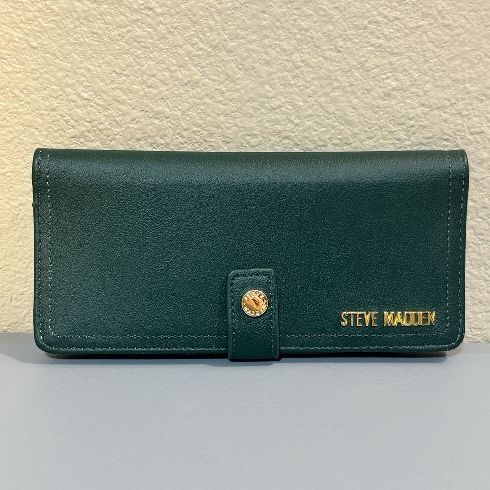 Steve‎ Madden Green Bifold Snap Close ID Card Wallet Gold Zip Coin Storage Large
